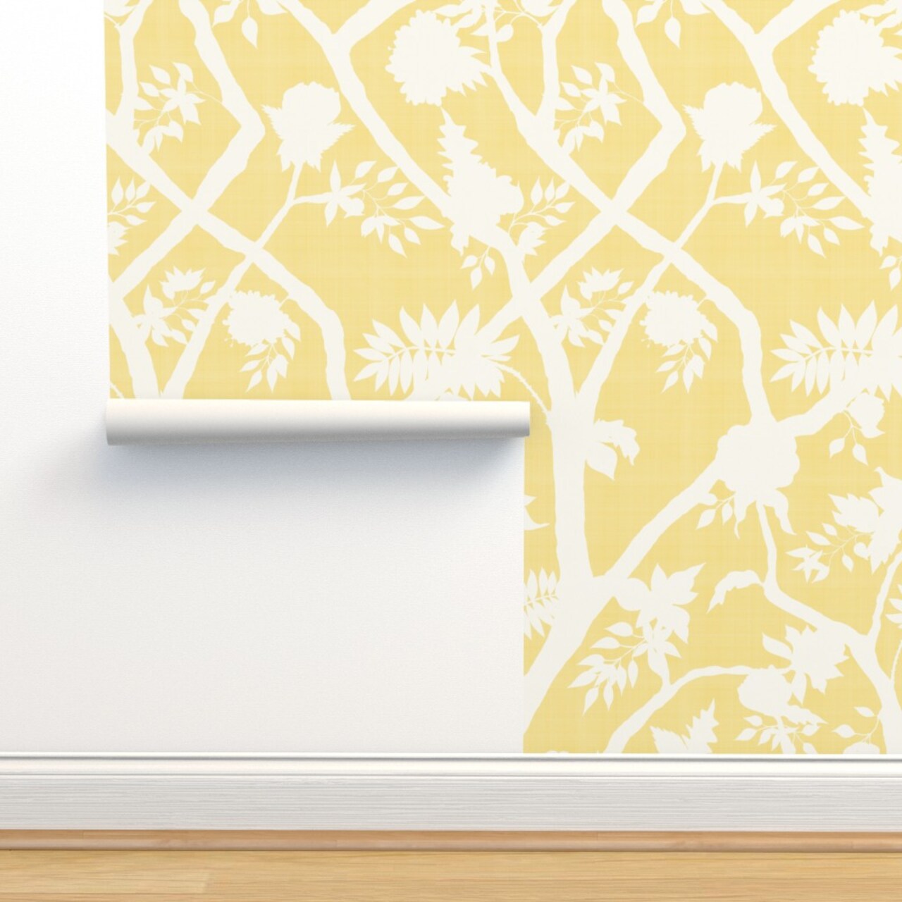Chinoiserie Butter Yellow Cream Floral Flower Silhouette Timeless Grandmillenial Custom Removable Wallpaper by Spoonflower Peel & Stick Wallpaper 2FT Wide